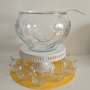 Vintage 1960's Indiana Glass Celebration Rose Embossed Punch Bowl Set